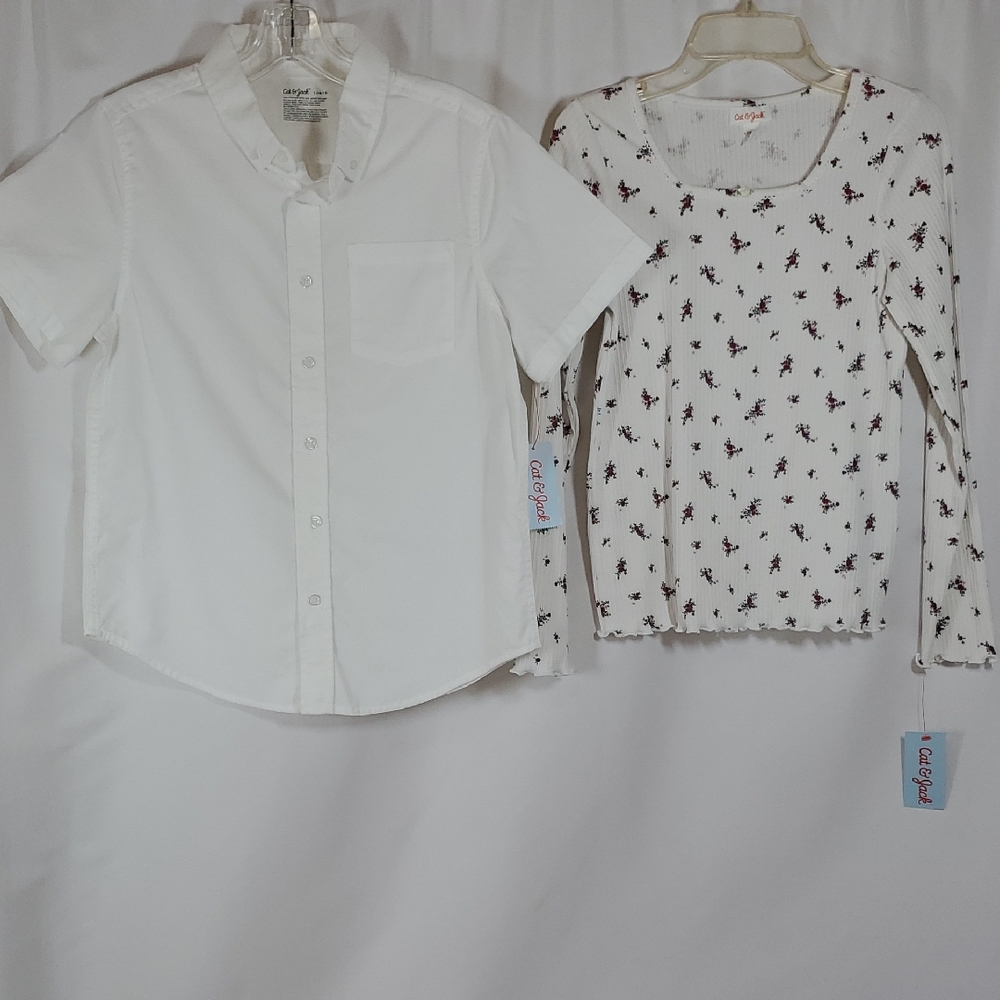 Cat & Jack Bundle Of 2 Childrens Tops Solid, Floral ~ White